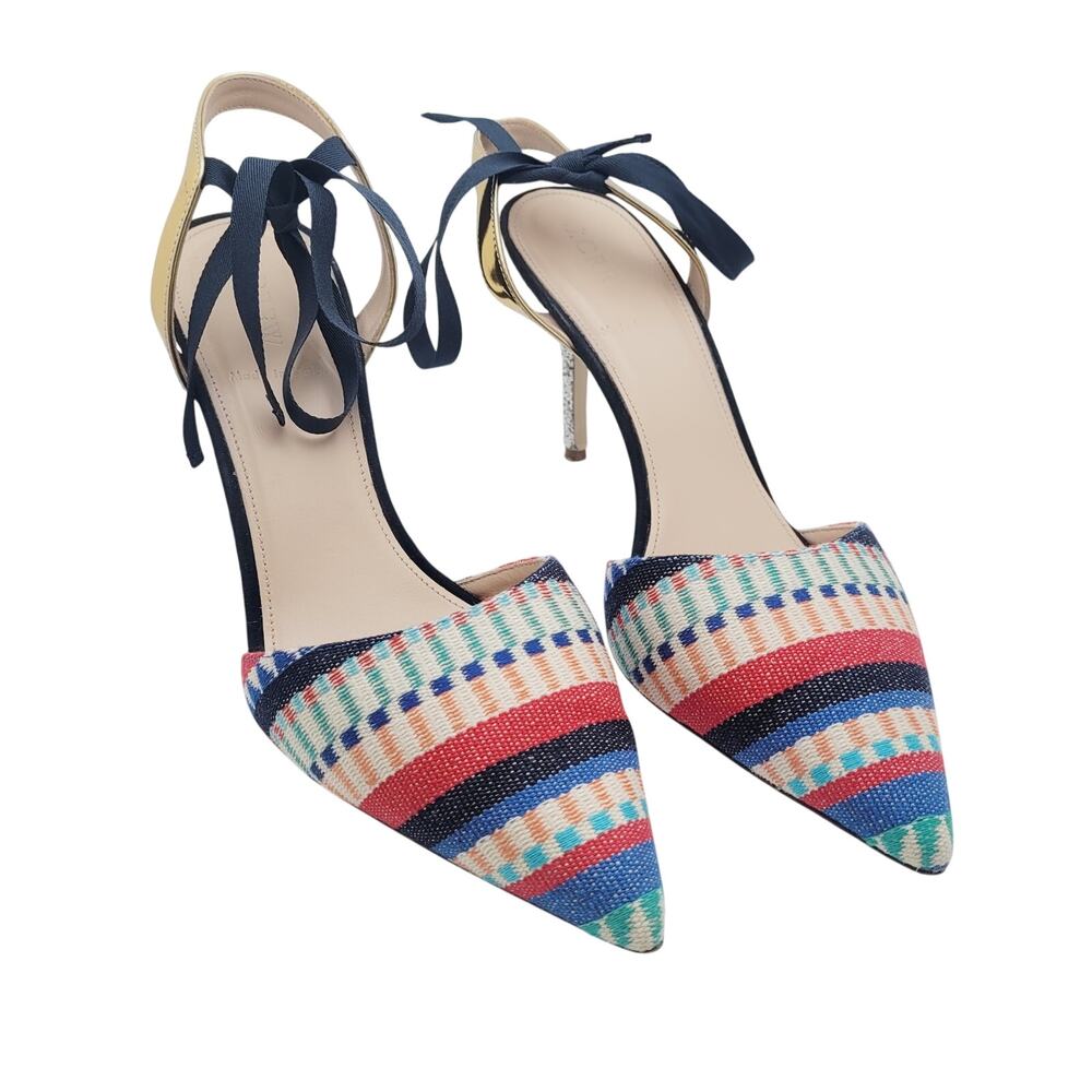 J Crew Striped Geometric Pointed Toe Heels 9 Ankle Tie Pumps Glitter Heel Party